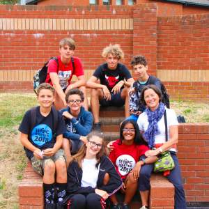 Students on steps brick
